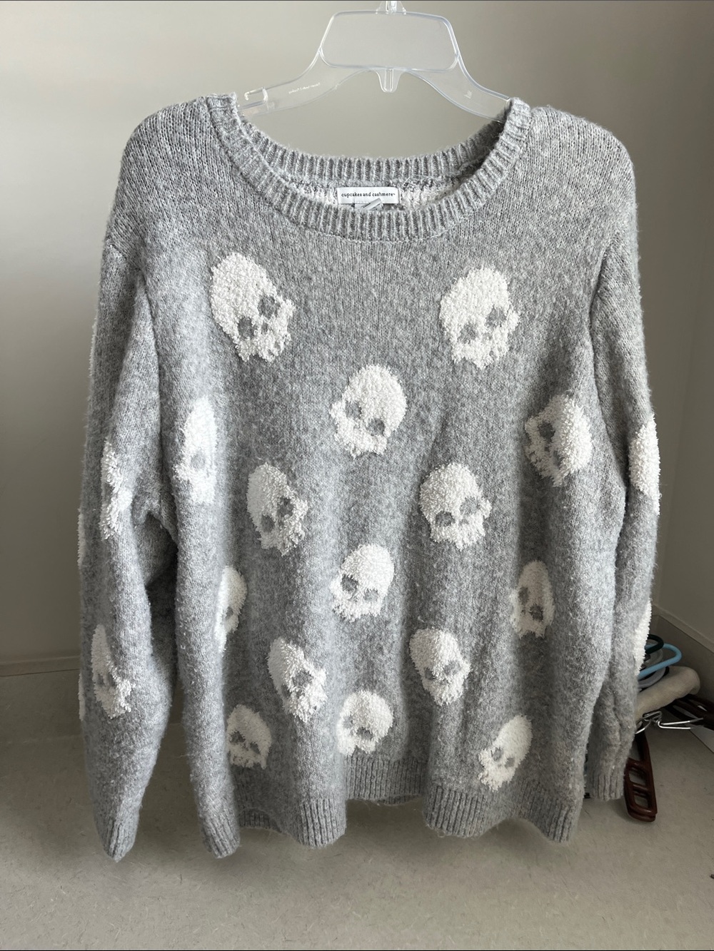 cupcakes & cashmere Gray Skull Pattern Crewneck Sweater